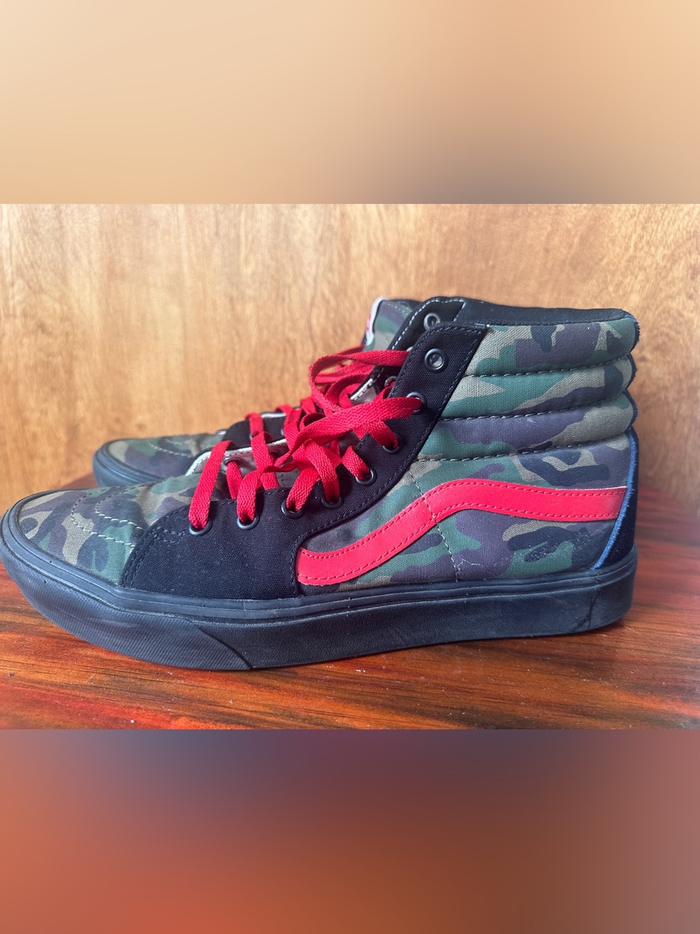 Vans Men’s Custom Camo High-Top Sneakers Red Stripe and Laces- canvas and suede
